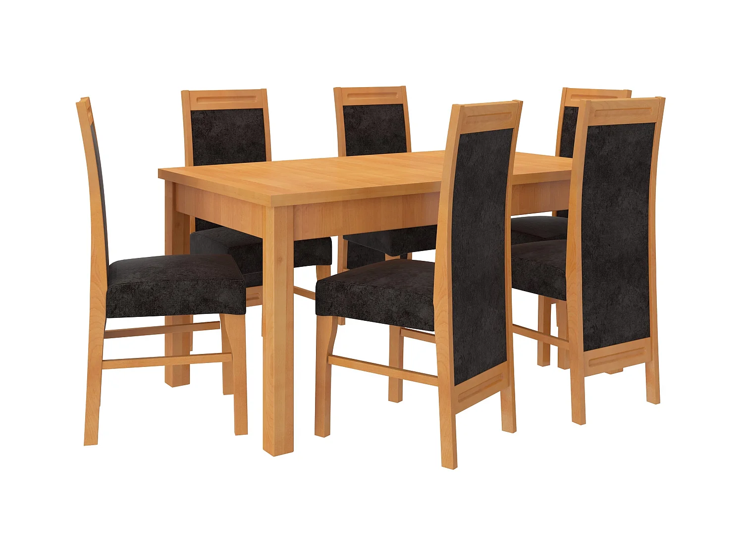 Ensemble table extensible 140-180cm et 6 chaises en bois clair de hêtre et tissu noir Valka