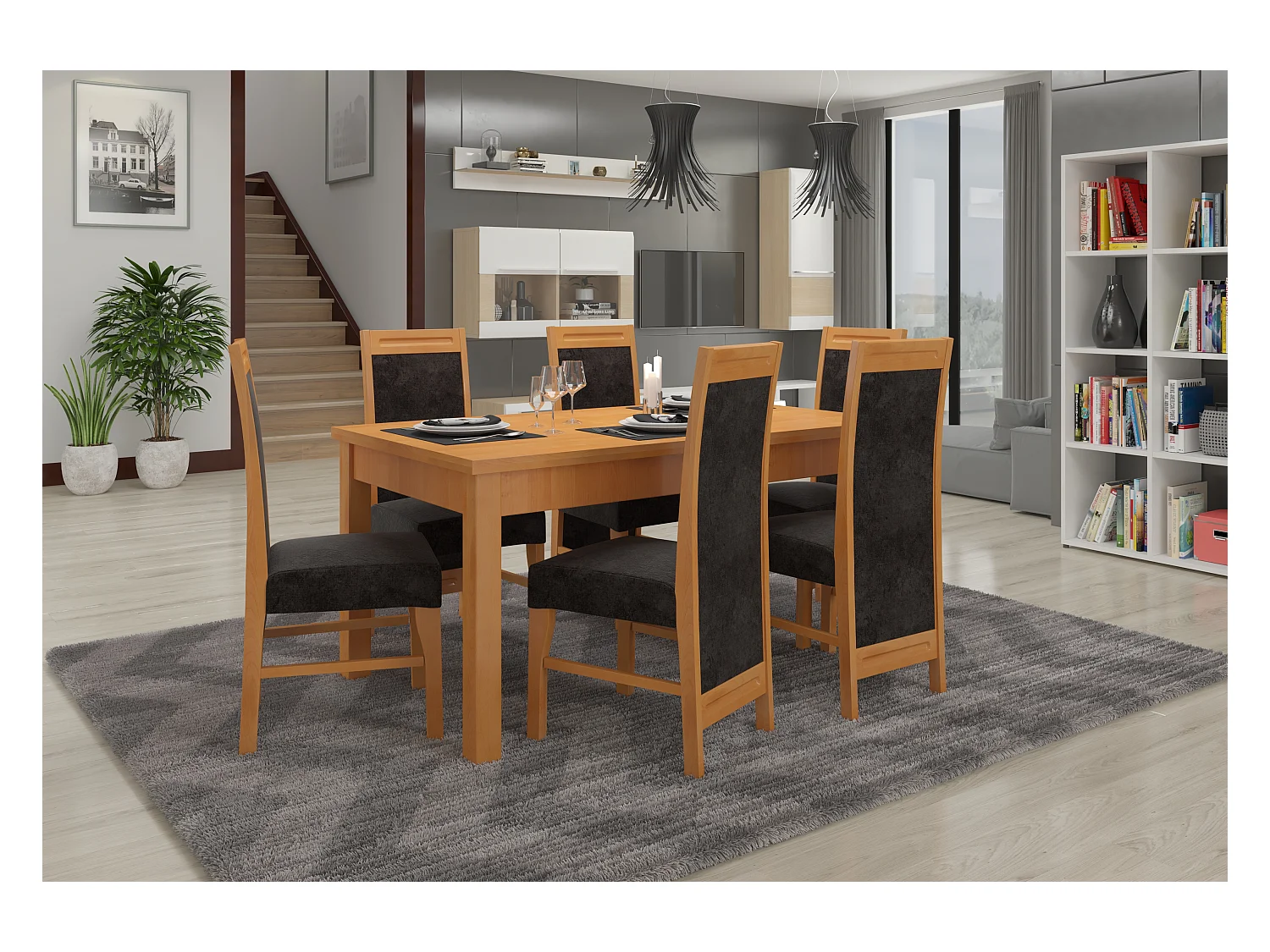 Ensemble table extensible 140-180cm et 6 chaises en bois clair de hêtre et tissu noir Valka