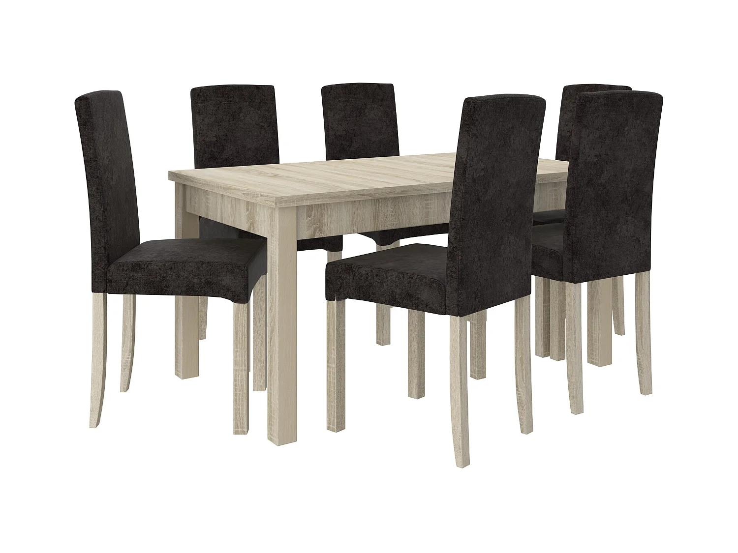 Uitschuifbare tafelset 140/180 cm en 6 stoelen in licht Sonoma hout en donkergrijze Zakria stof