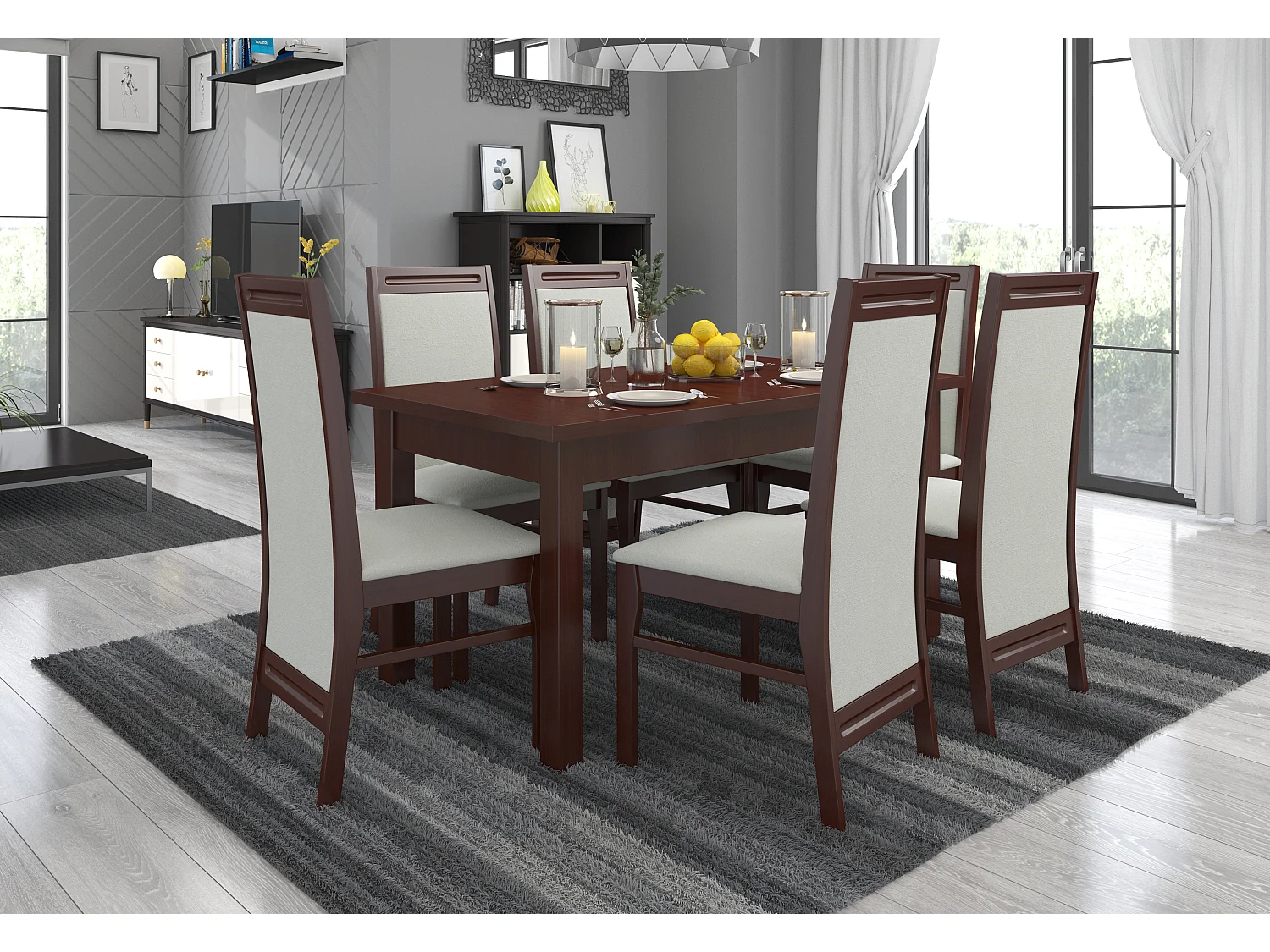 Uitschuifbare tafelset 140/180 cm en 6 donker notenhout en lichtbeige Komba houten stoelen