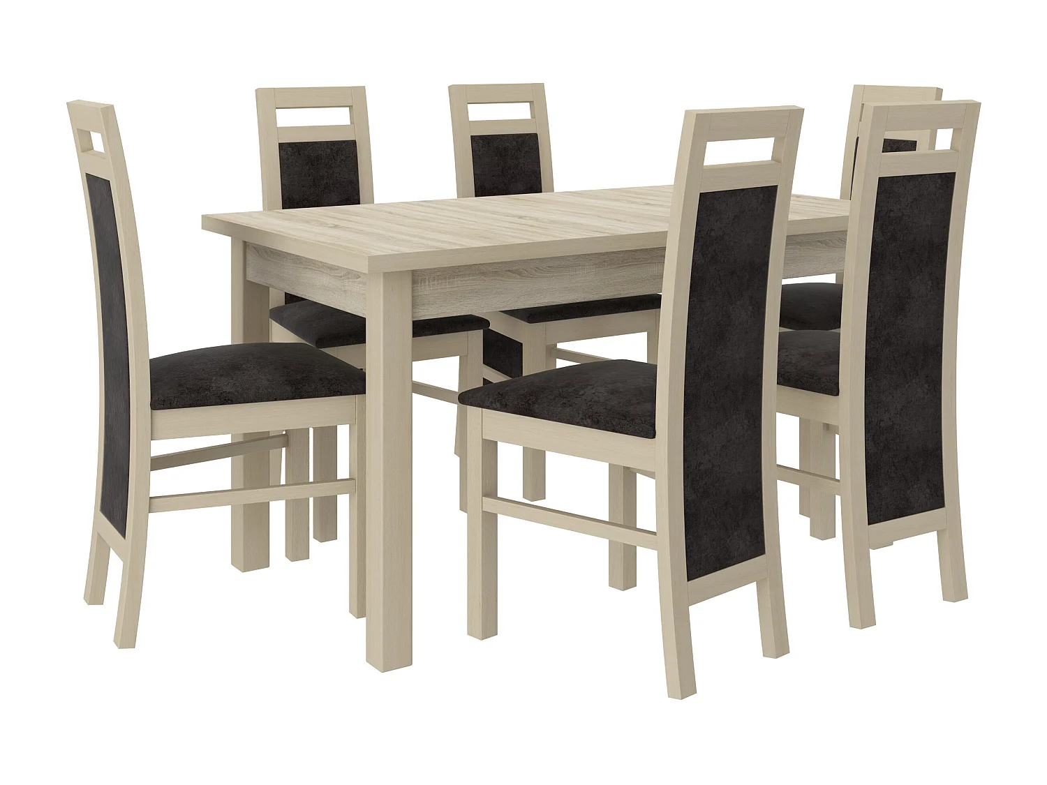 Ensemble table extensible 140-180cm et 6 chaises en bois clair sonoma et tissu gris foncé Mouka