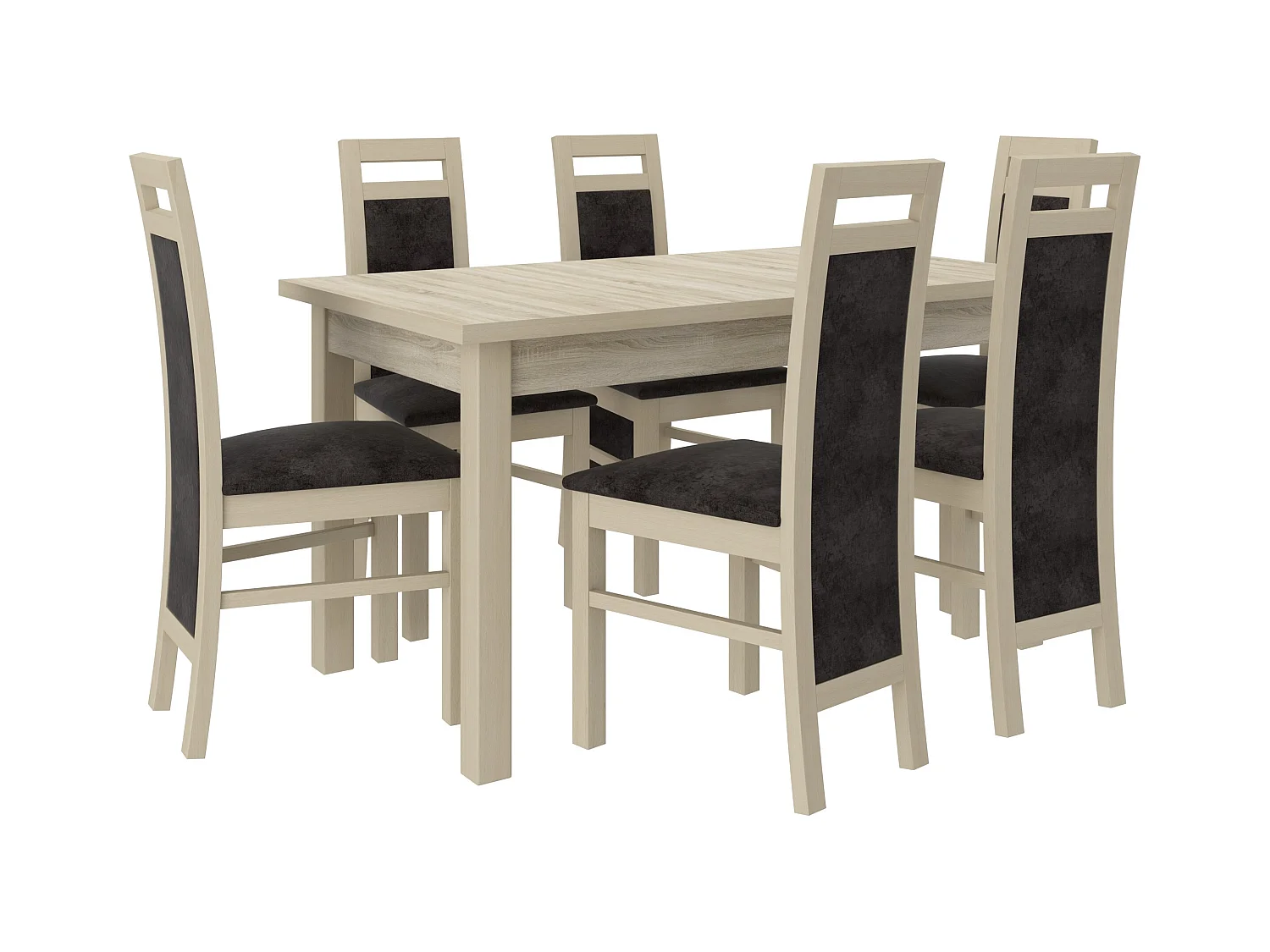 Ensemble table extensible 140-180cm et 6 chaises en bois clair sonoma et tissu gris foncé Mouka