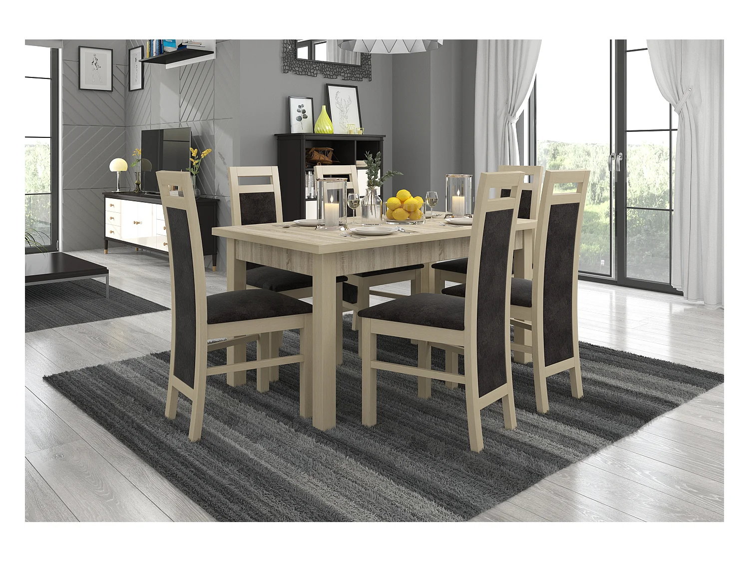 Ensemble table extensible 140-180cm et 6 chaises en bois clair sonoma et tissu gris foncé Mouka