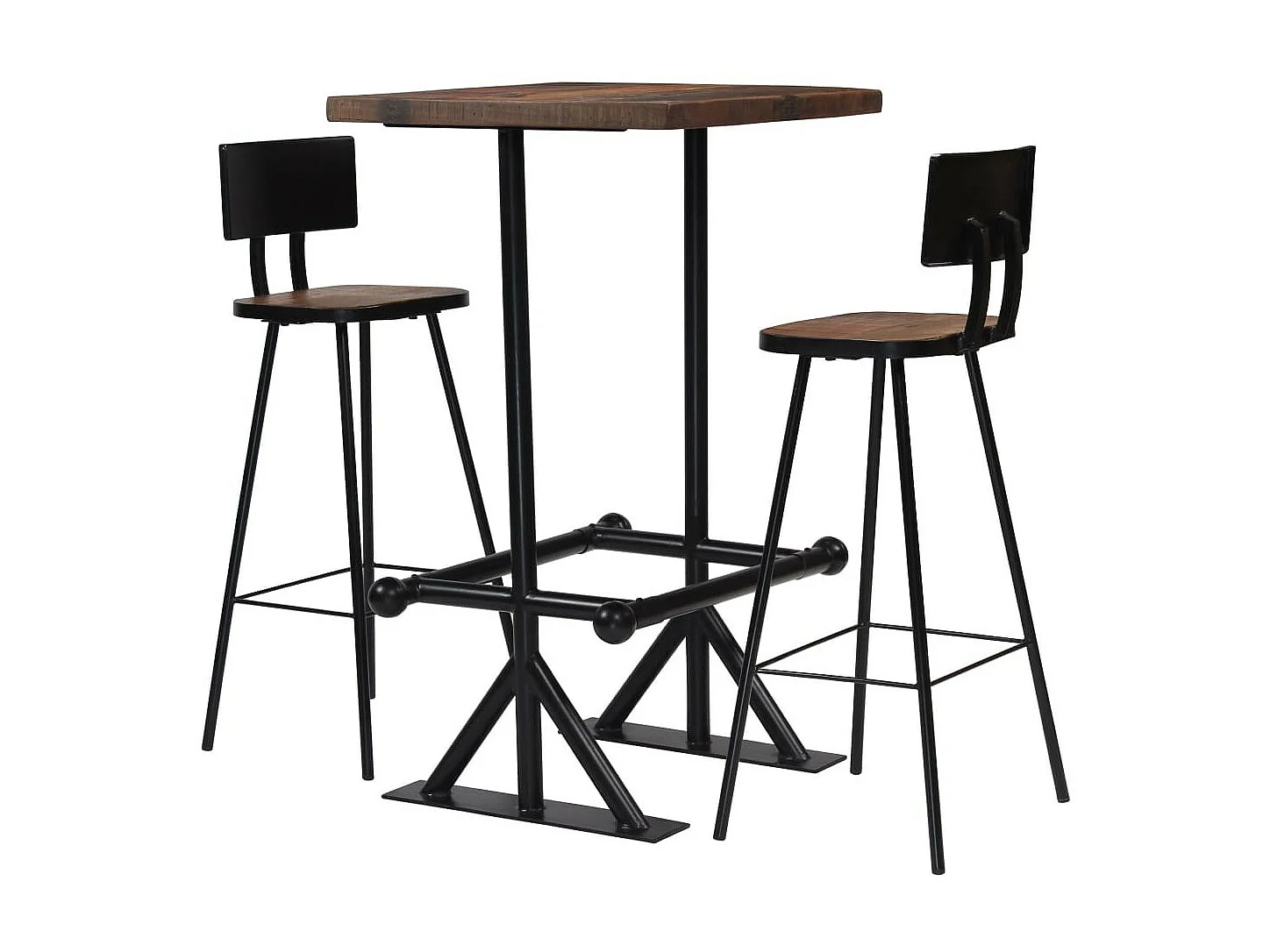 Table de bar carré bois recyclé massif et 2 tabourets vintage