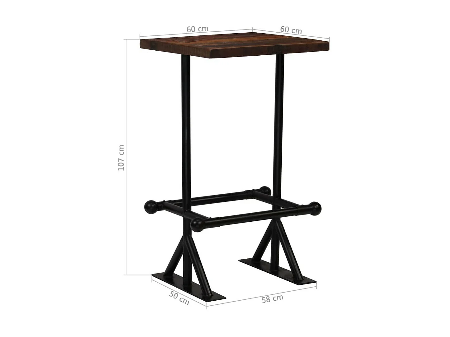 Table de bar carré bois recyclé massif et 2 tabourets vintage