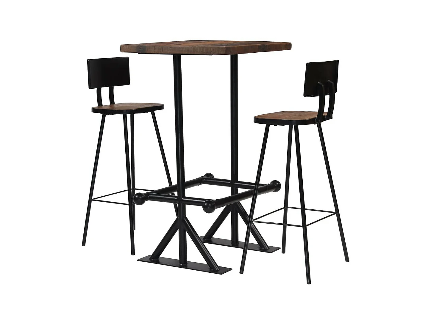 Table de bar carré bois recyclé massif et 2 tabourets vintage