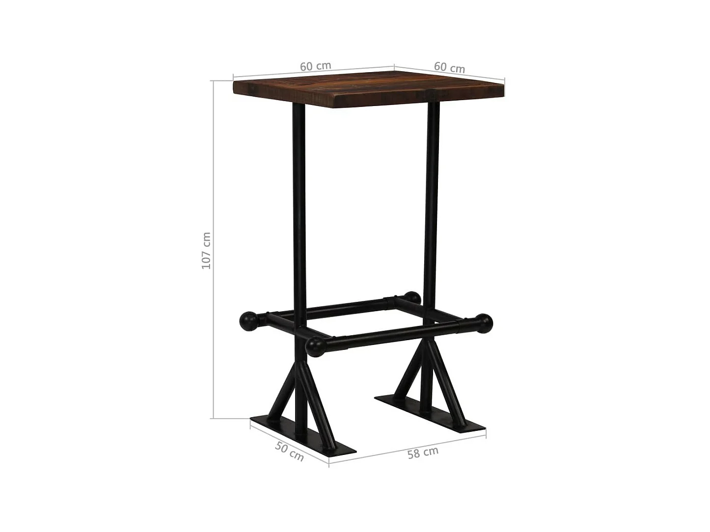 Table de bar carré bois recyclé massif et 2 tabourets vintage