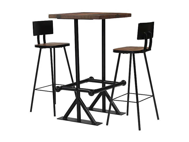 Table de bar carré bois recyclé massif et 2 tabourets vintage