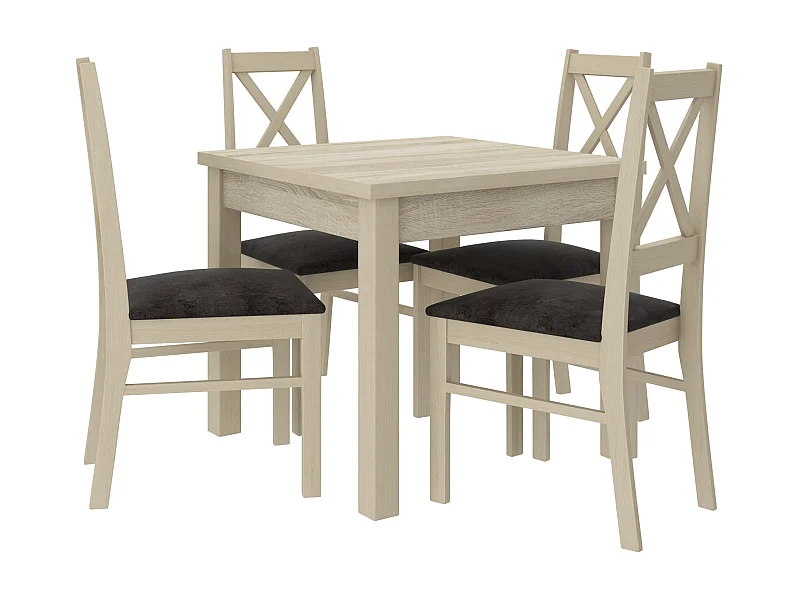 Ensemble table carrée 80-80cm et 4 chaises en bois clair sonoma et tissu gris foncé Opka