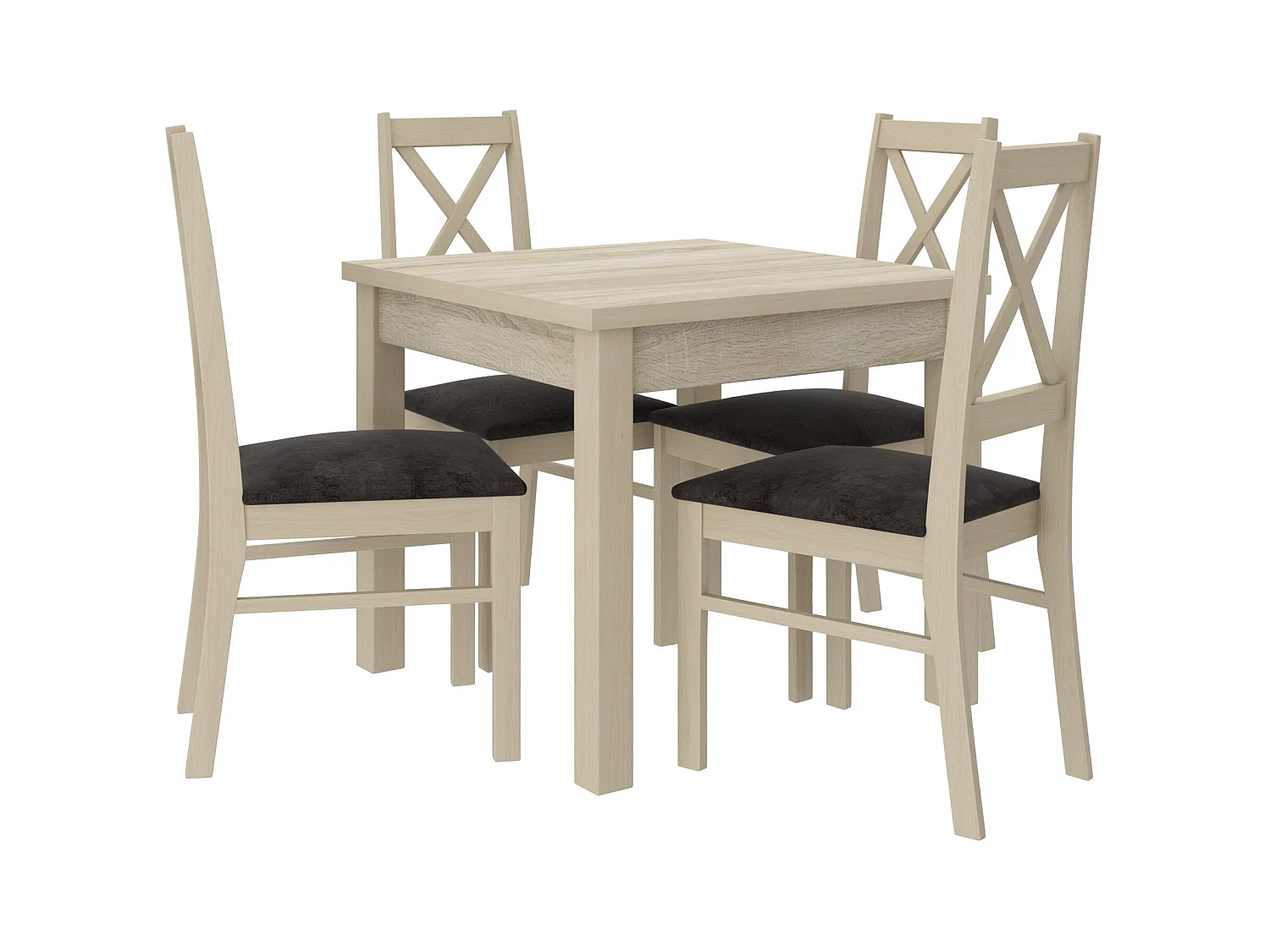 Ensemble table carrée 80-80cm et 4 chaises en bois clair sonoma et tissu gris foncé Opka