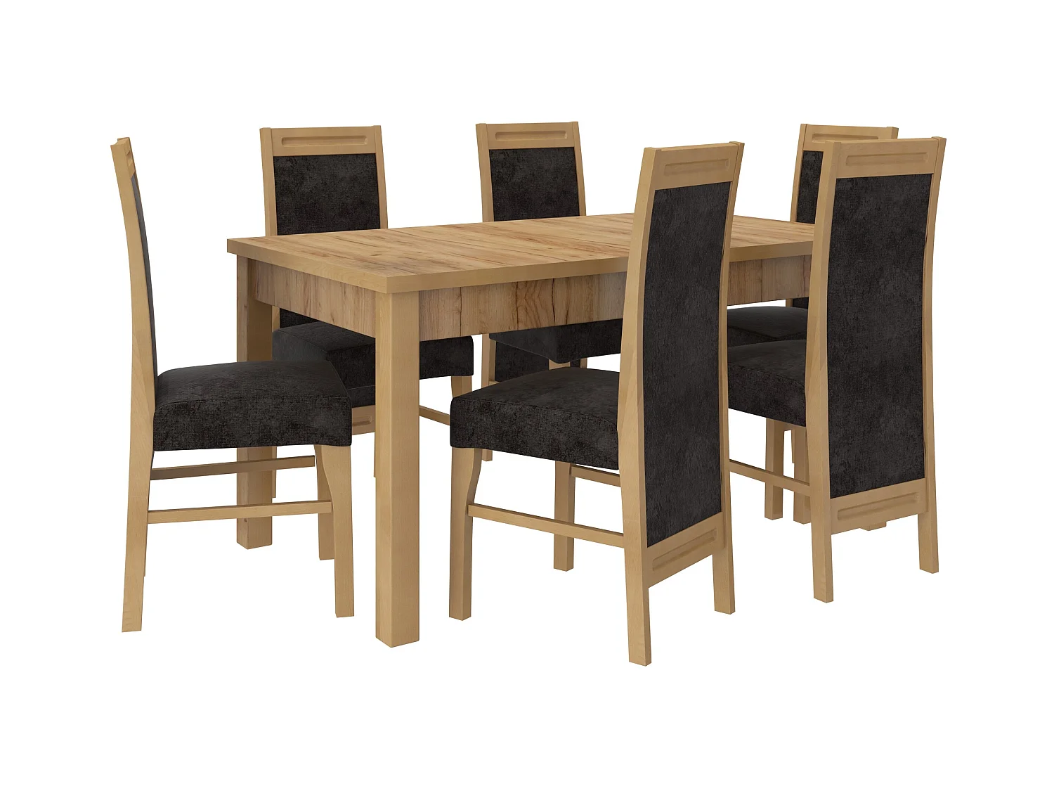 Ensemble table extensible 140-180cm et 6 chaises en bois naturel et tissu noir Valka