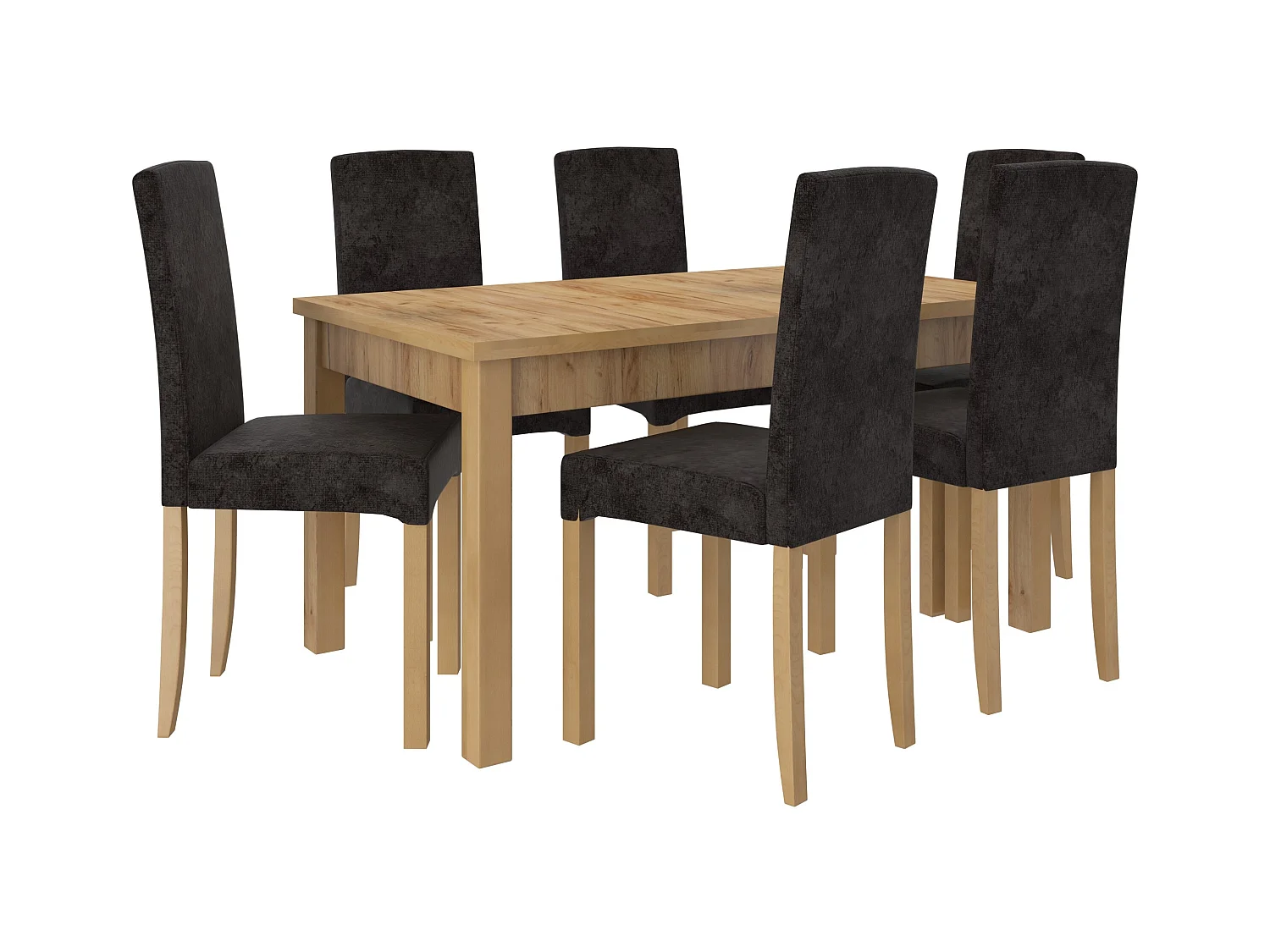 Uitschuifbare tafelset 140/180 cm en 6 stoelen in licht beukenhout en donkergrijze Zakria-stof