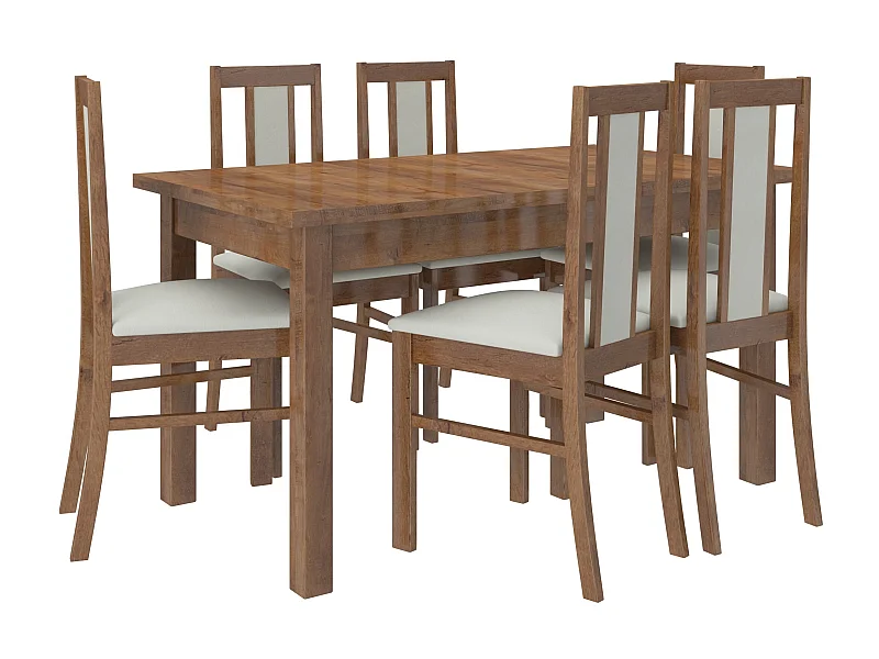 Ensemble table extensible 140-180cm et 6 chaises en bois marron et tissu beige clair Louiza