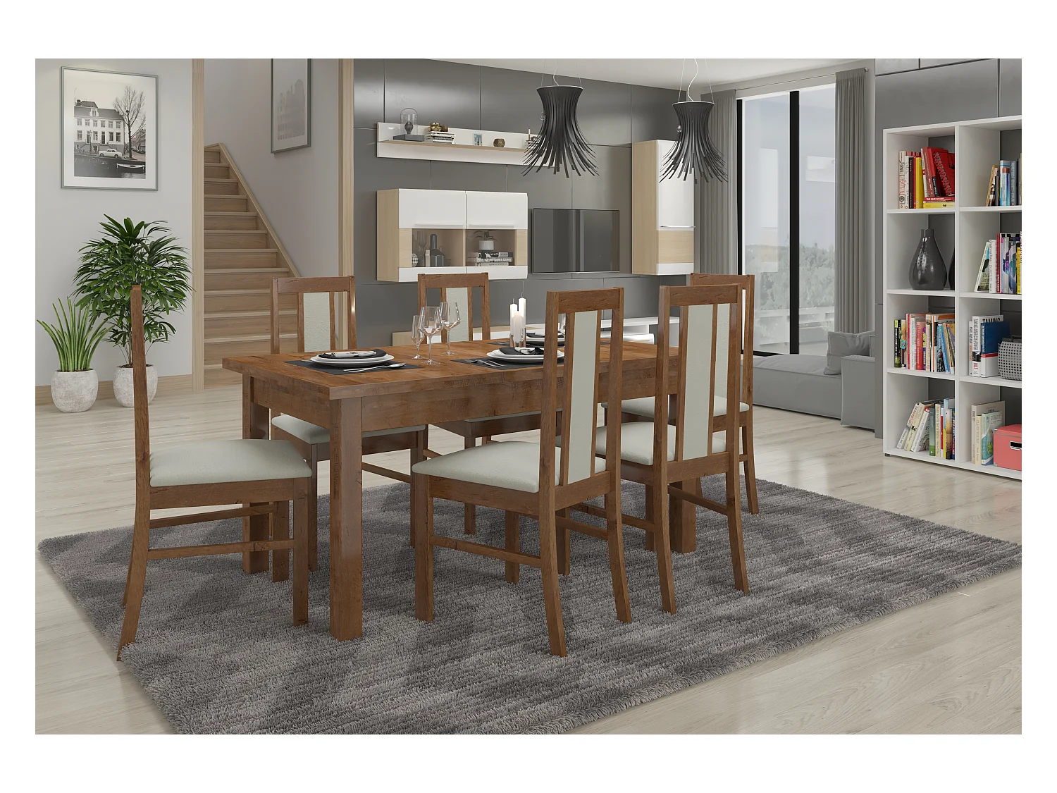 Ensemble table extensible 140-180cm et 6 chaises en bois marron et tissu beige clair Louiza