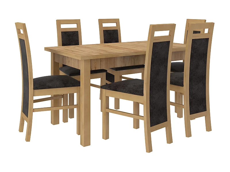 Ensemble table extensible 140-180cm et 6 chaises en bois de hêtre et tissu gris foncé Mouka