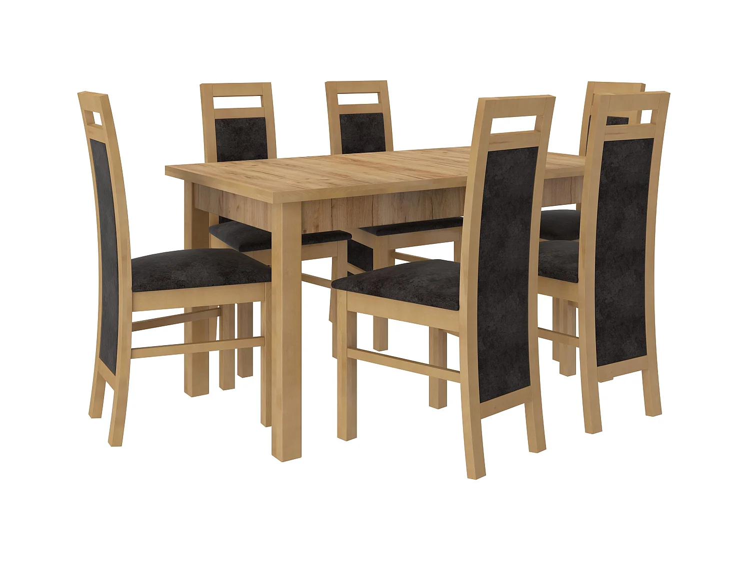 Ensemble table extensible 140-180cm et 6 chaises en bois de hêtre et tissu gris foncé Mouka