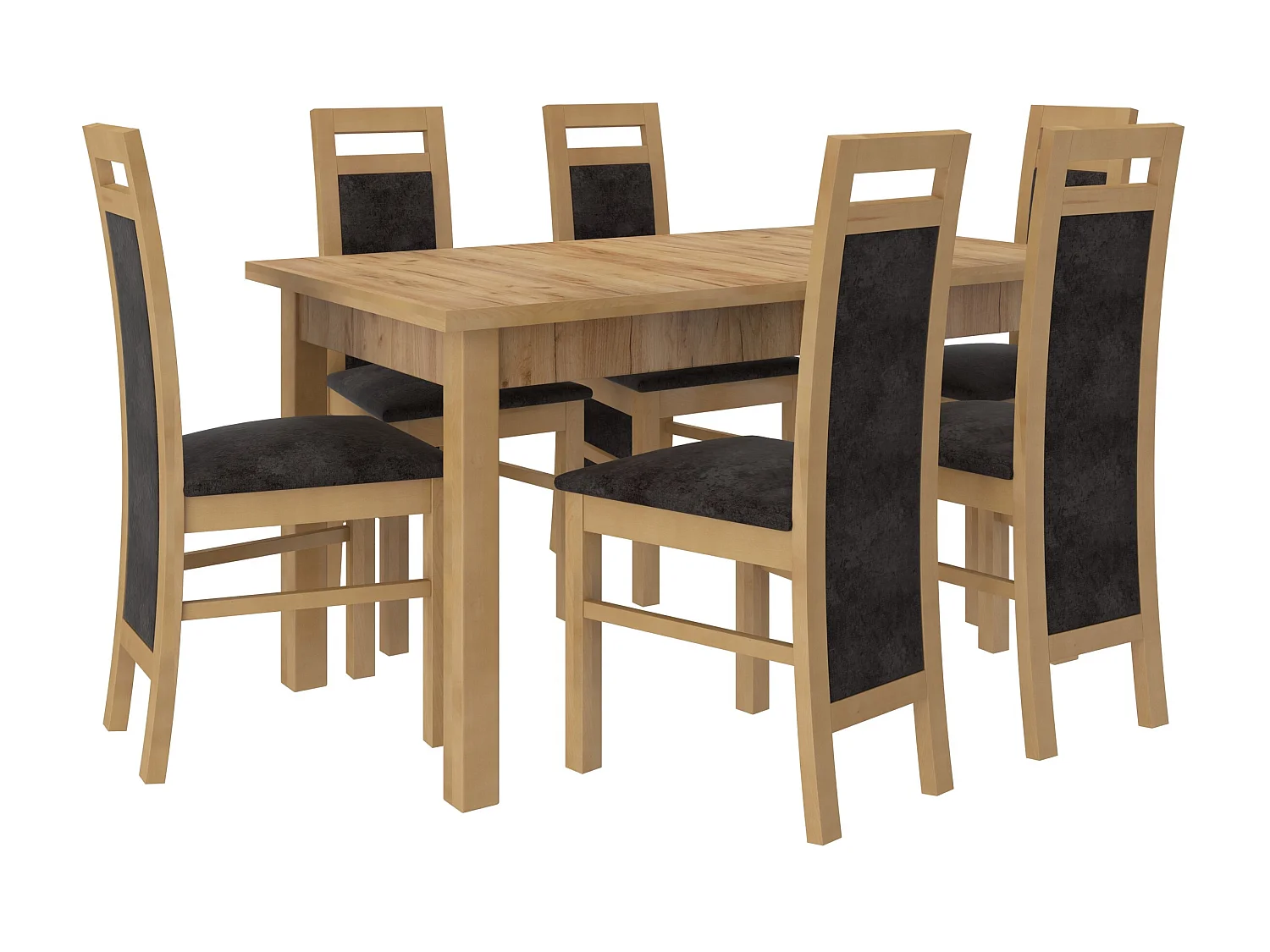 Ensemble table extensible 140-180cm et 6 chaises en bois de hêtre et tissu gris foncé Mouka