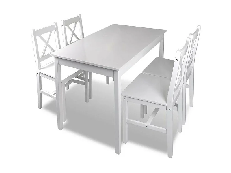 Table de séjour et 4 chaises pin massif laqué blanc Dina