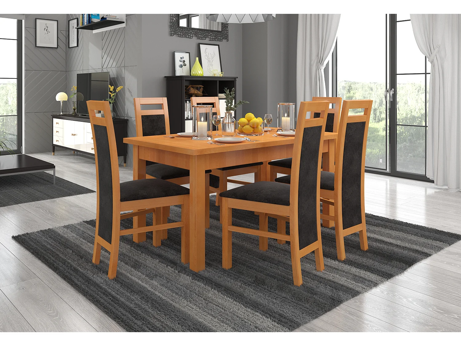 Ensemble table extensible 140-180cm et 6 chaises en bois clair de hêtre et tissu noir Mouka