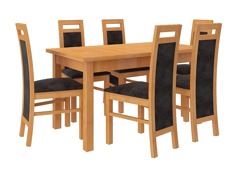 Uitschuifbare tafelset 140/180 cm en 6 stoelen in licht beukenhout en zwarte Mouka-stof