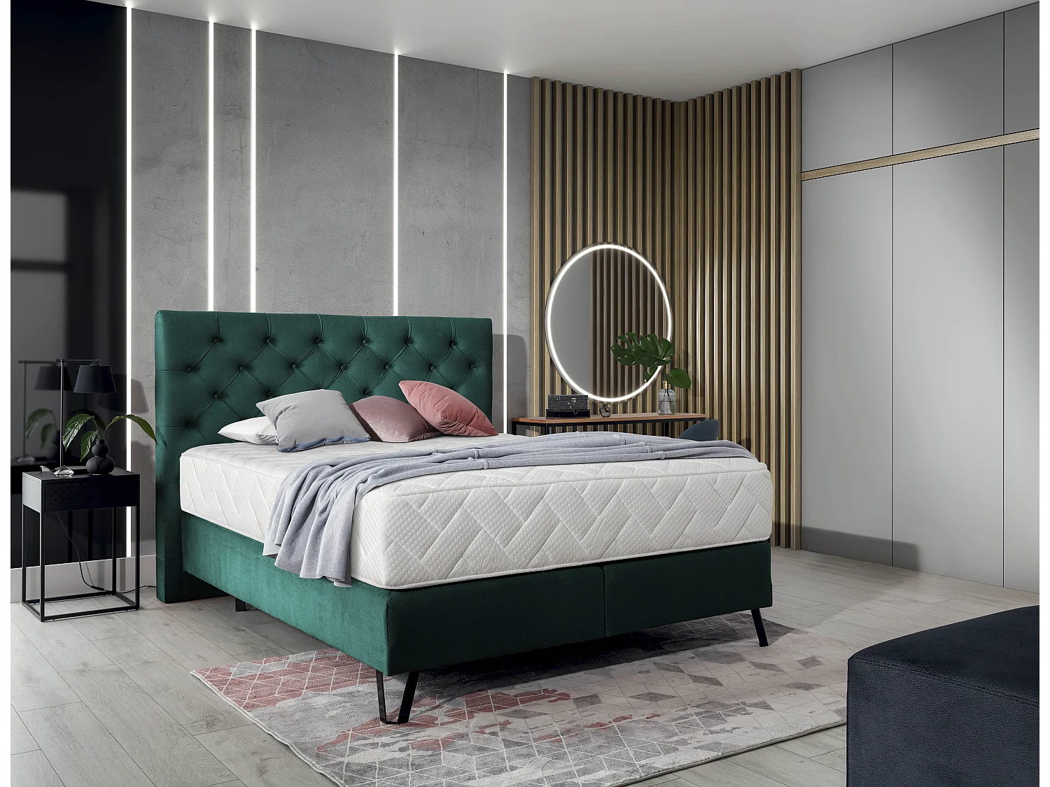 Lit continental capitonné tissu vert Pozza avec matelas 30cm en latex et pied métal noir-140x200