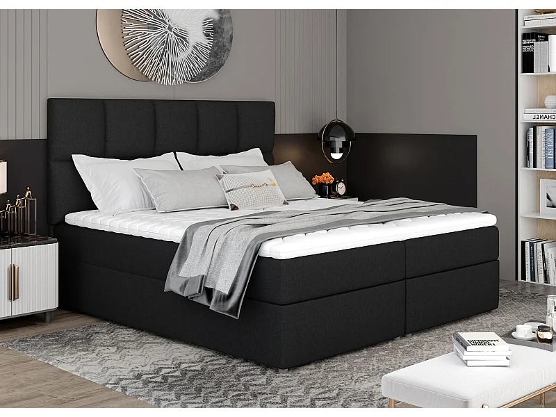 Lit boxspring tissu noir avec matelas et surmatelas Lizen-Couchage 180x200 cm