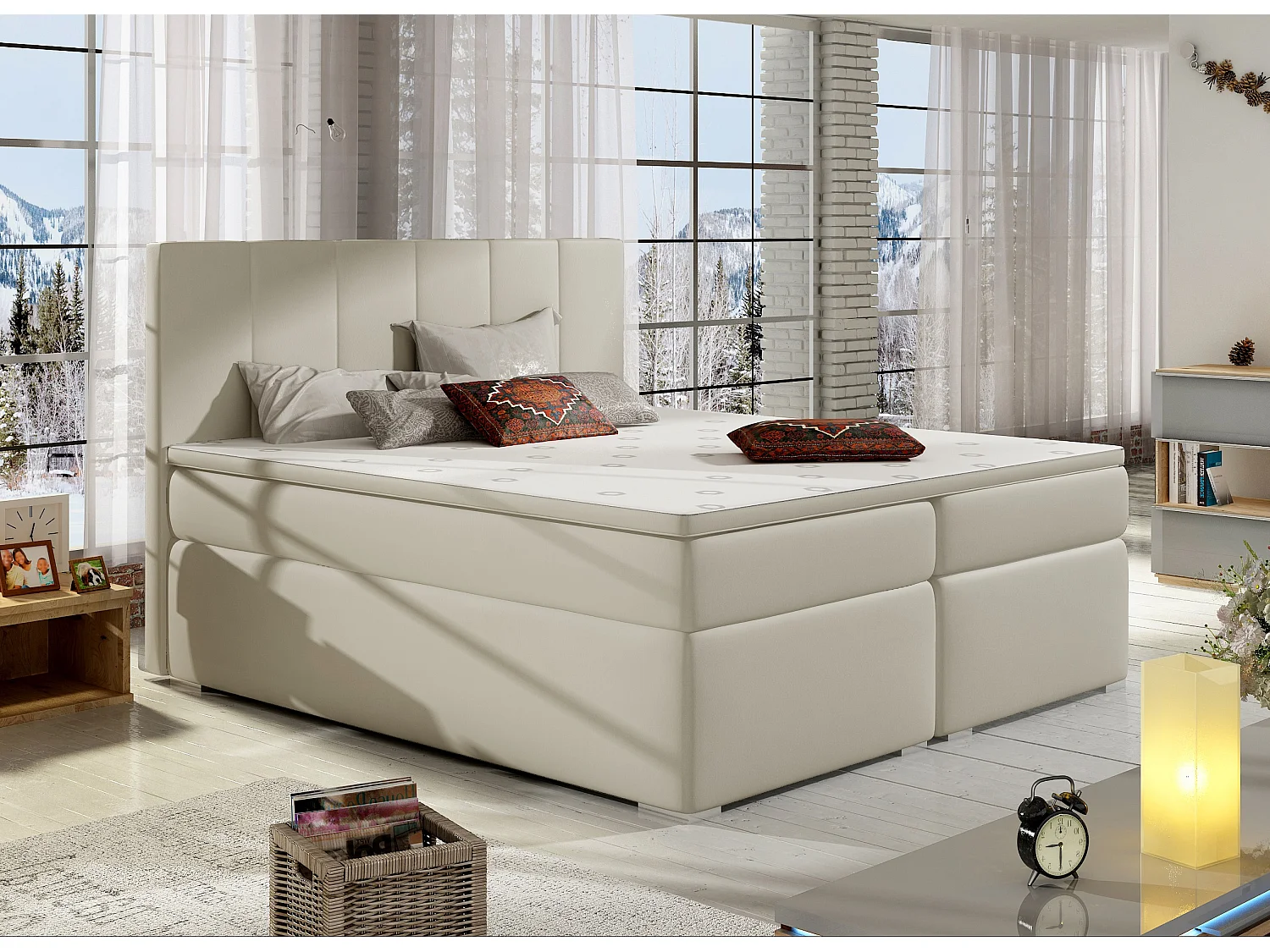 Lit continental simili cuir beige clair avec matelas et surmatelas Louna-160x200