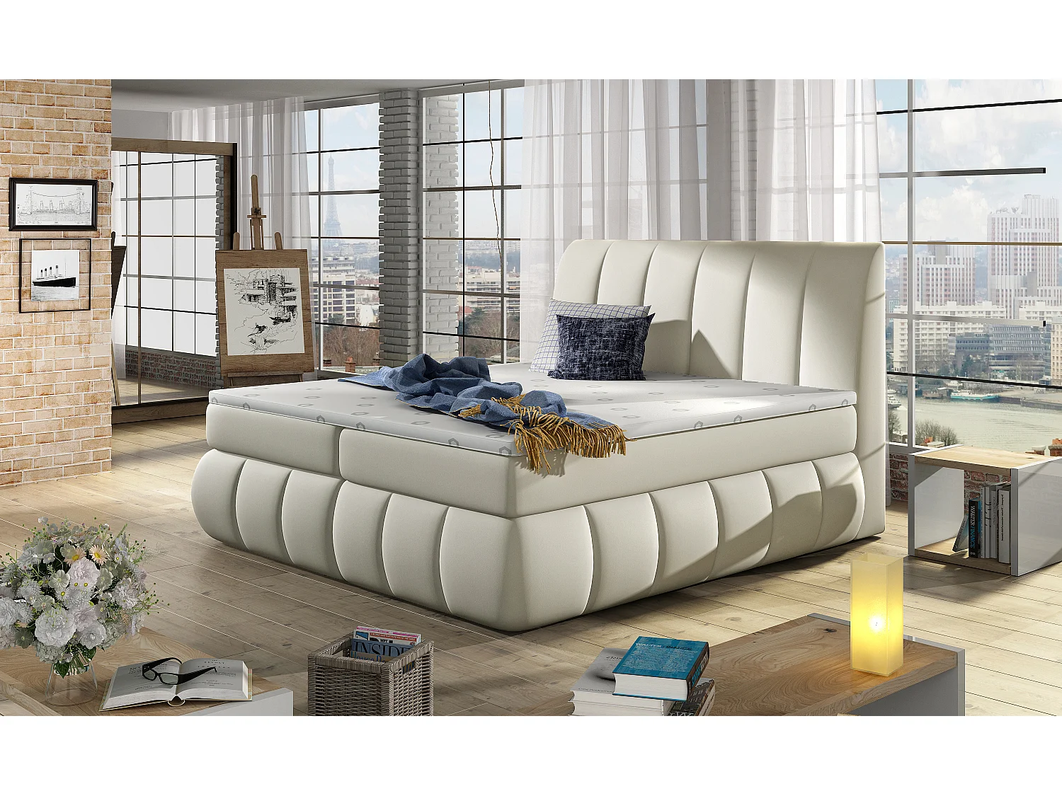 Lit continental matelassé simili cuir beige clair Florencia-160x200