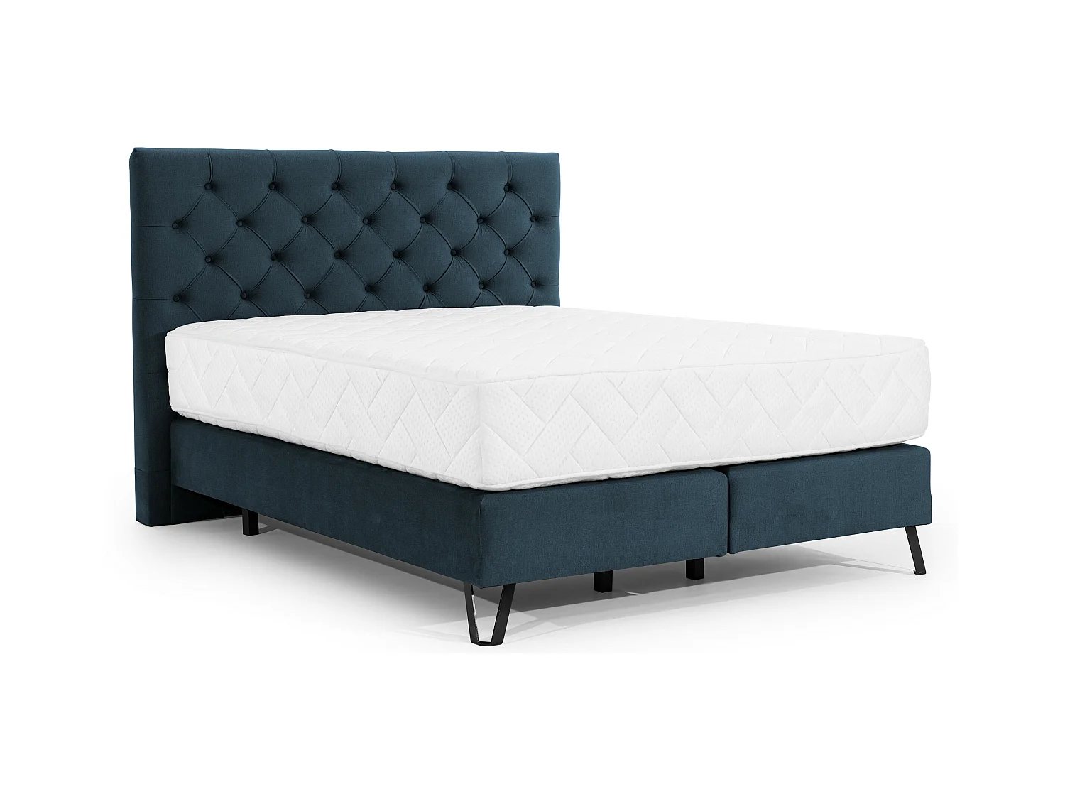 Lit continental capitonné tissu bleu Pozza avec matelas 30cm en latex et pied métal noir-160x200
