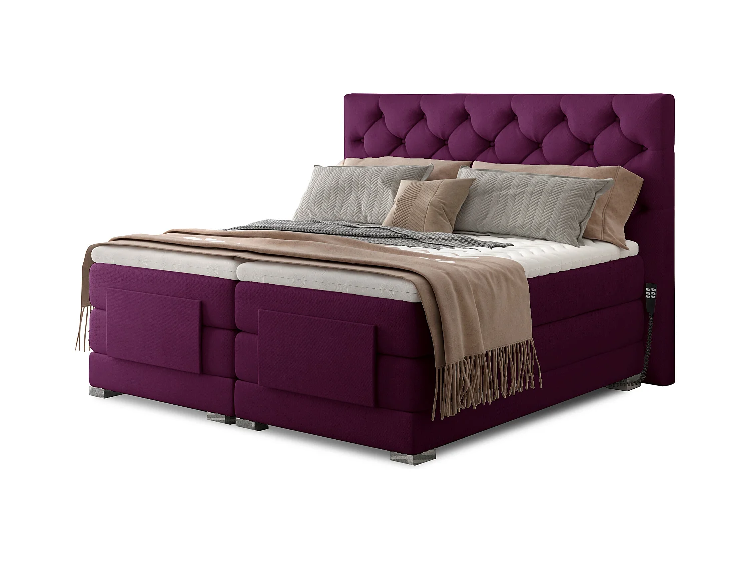 Lit continental électrique velours prune avec matelas et surmatelas Karmen-160x200
