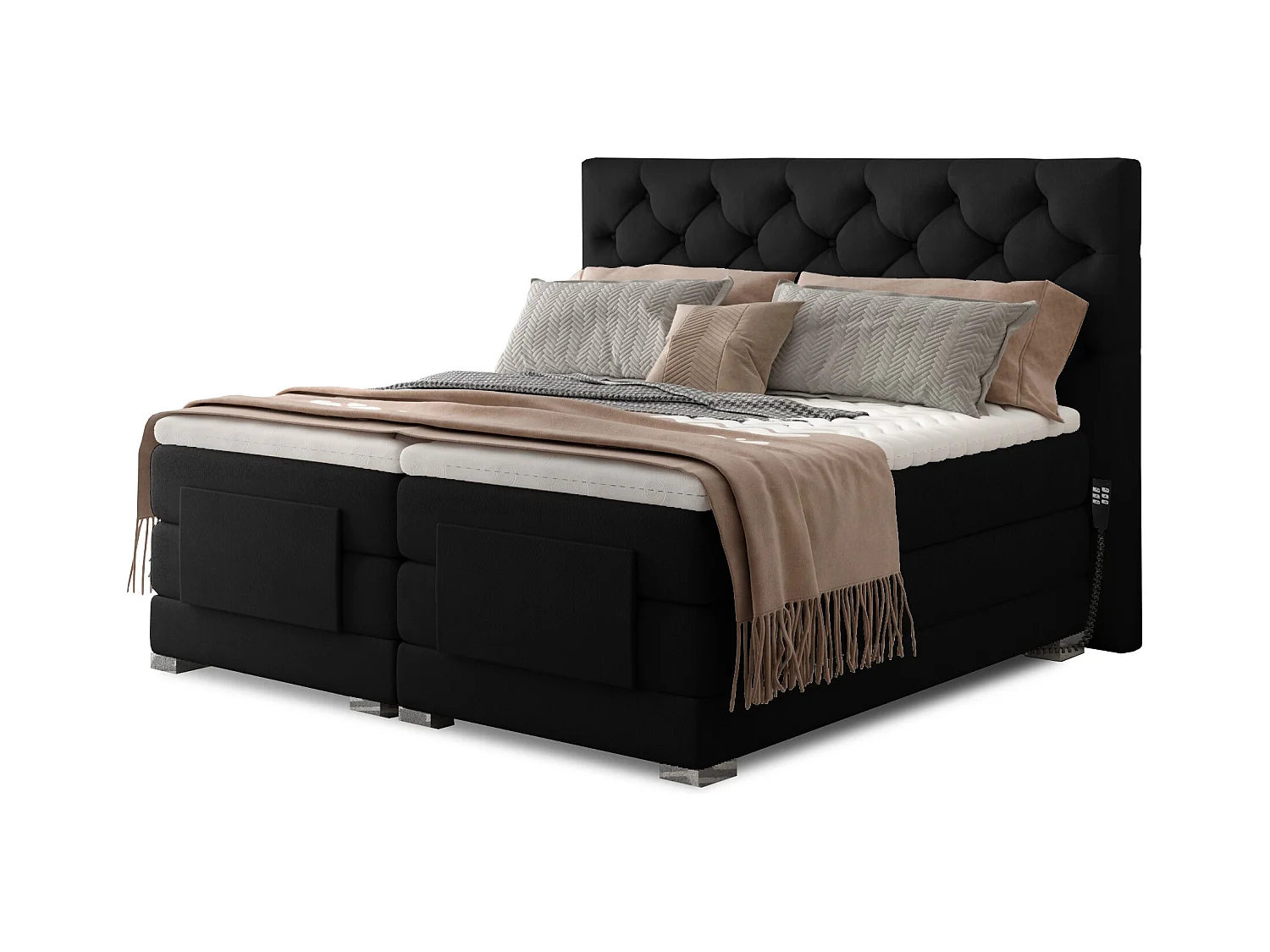 Lit continental électrique velours noir avec matelas et surmatelas Karmen-180x200