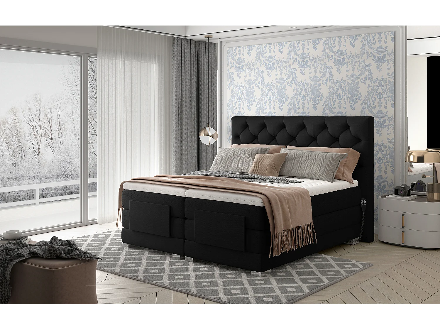 Lit continental électrique velours noir avec matelas et surmatelas Karmen-180x200