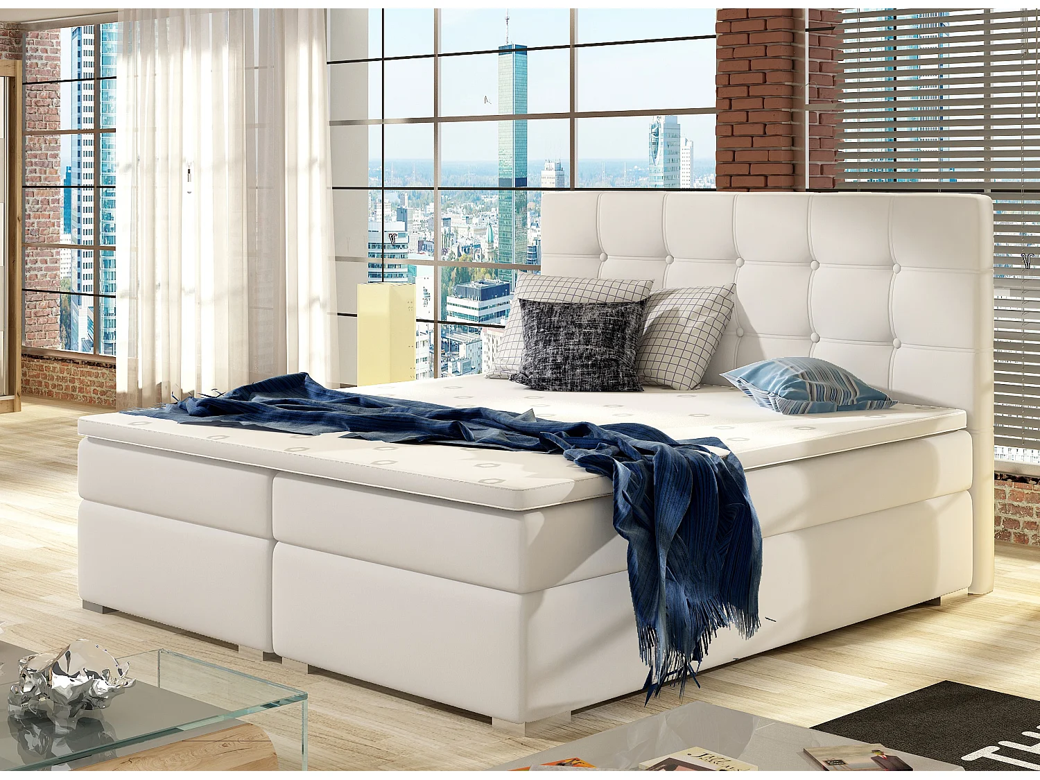 Lit boxspring simili cuir blanc avec matelas et surmatelas Kavin-140x200