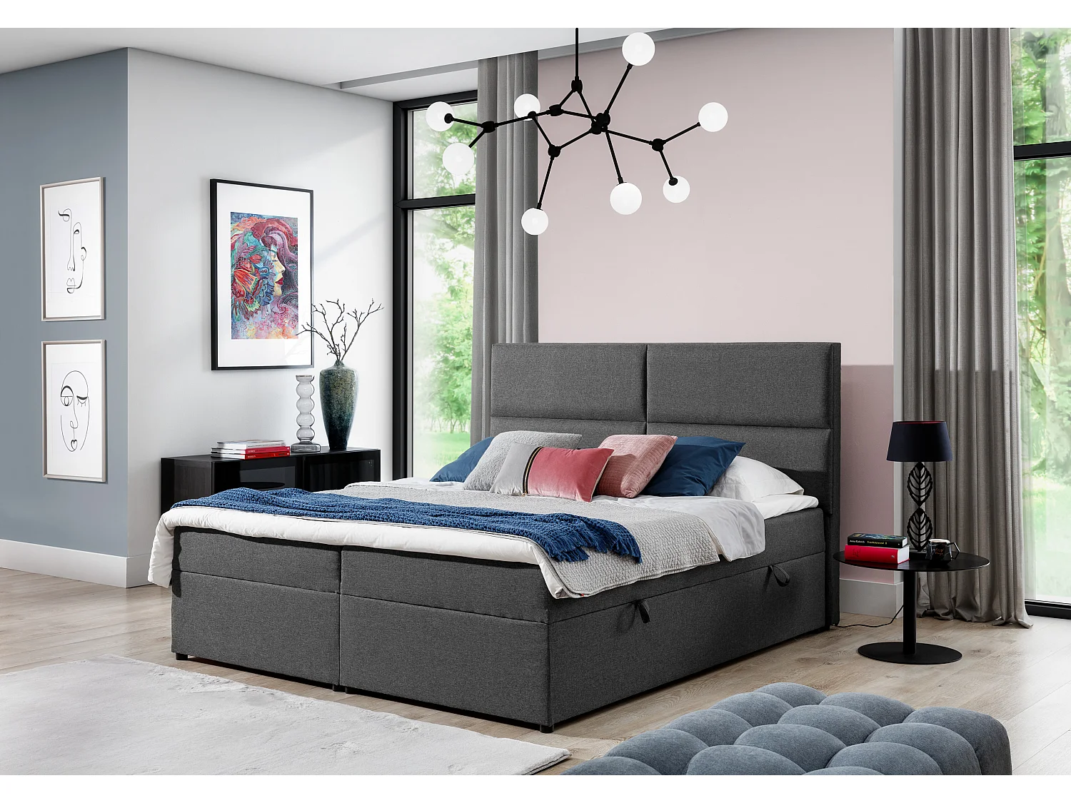 Lit continental capitonné simili cuir noir Weber-160x200