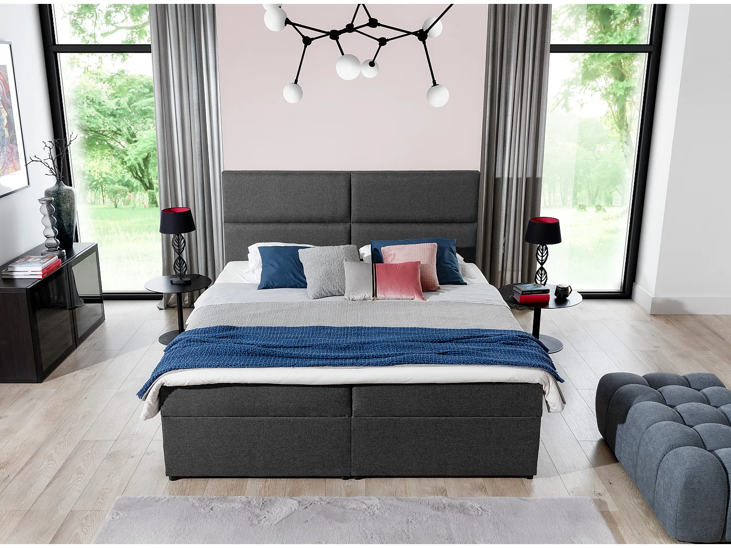 Lit continental capitonné simili cuir noir Weber-160x200