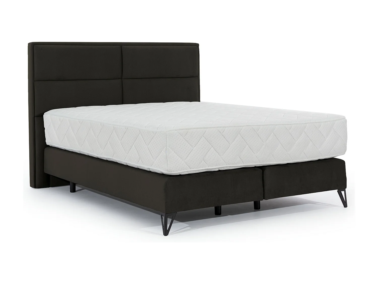 Lit continental tissu marron Tiempo avec matelas 30cm en latex et pied métal noir-180x200