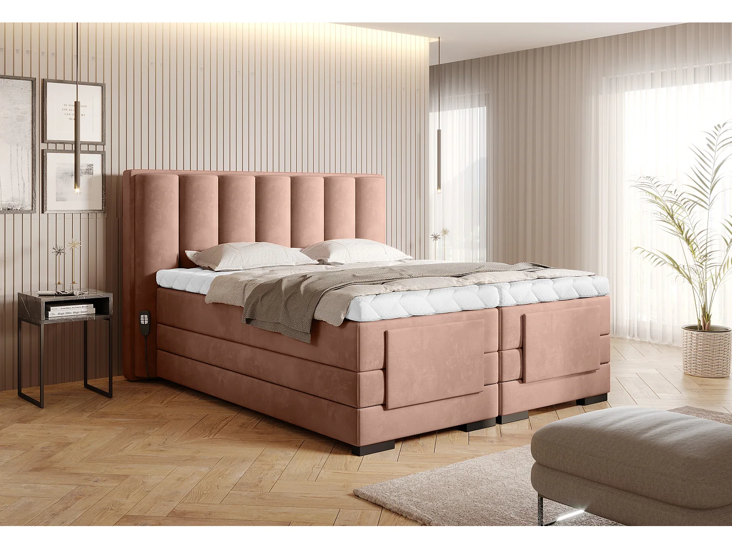 Lit boxspring électrique tissu rose avec matelas et surmatelas Arkos-180x200