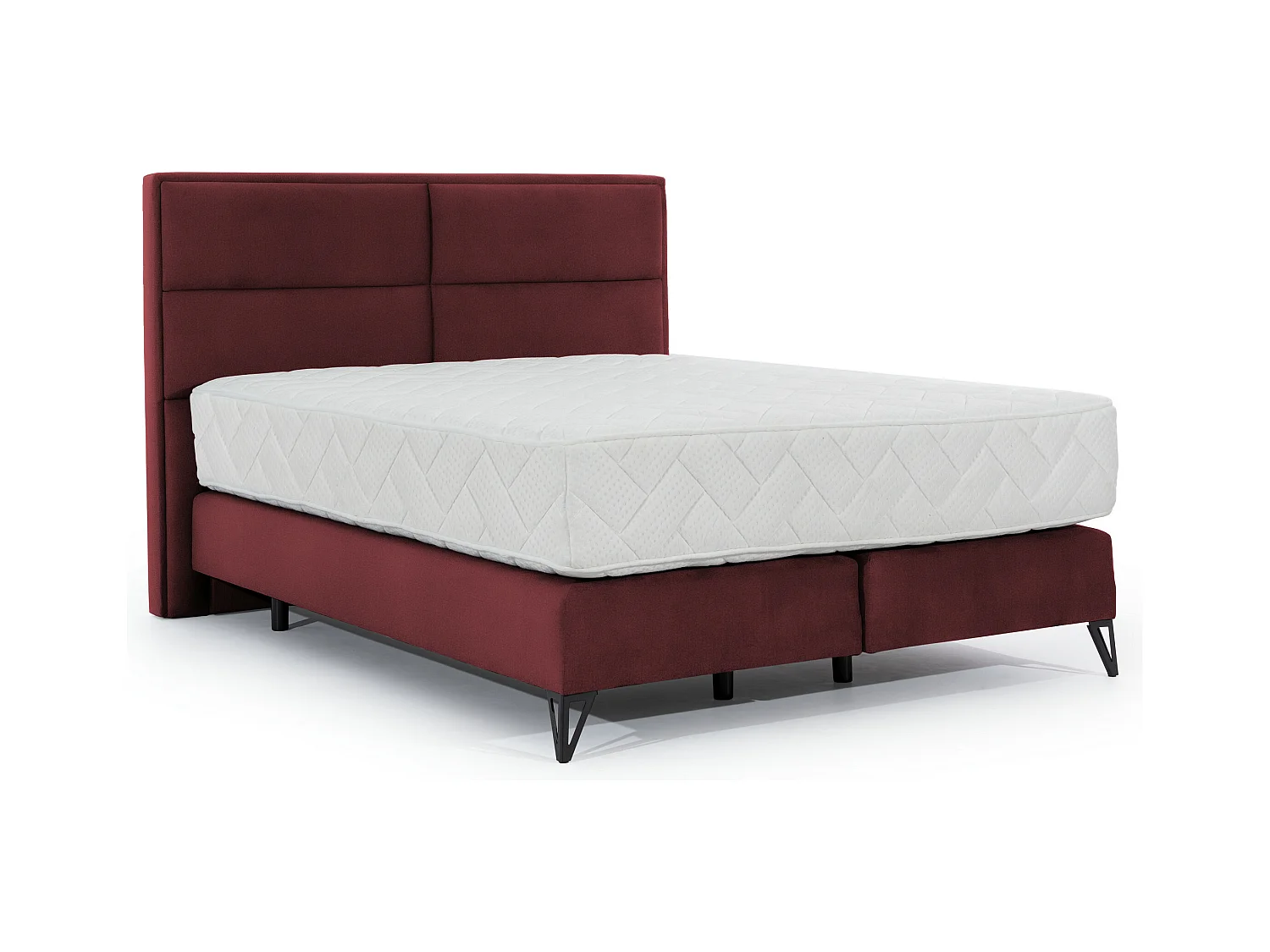 Lit continental velours bordeaux Tiempo avec matelas 30cm en latex et pied metal noir-160x200