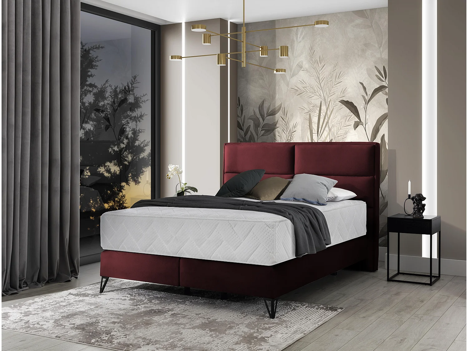 Lit continental velours bordeaux Tiempo avec matelas 30cm en latex et pied metal noir-160x200