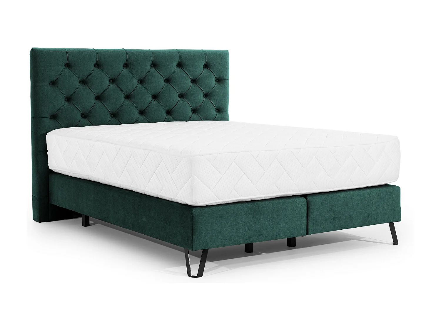 Pozza groene stoffen gewatteerde continentale bed met 30 cm latex matras en zwart metalen poot-Slapen 180x200cm