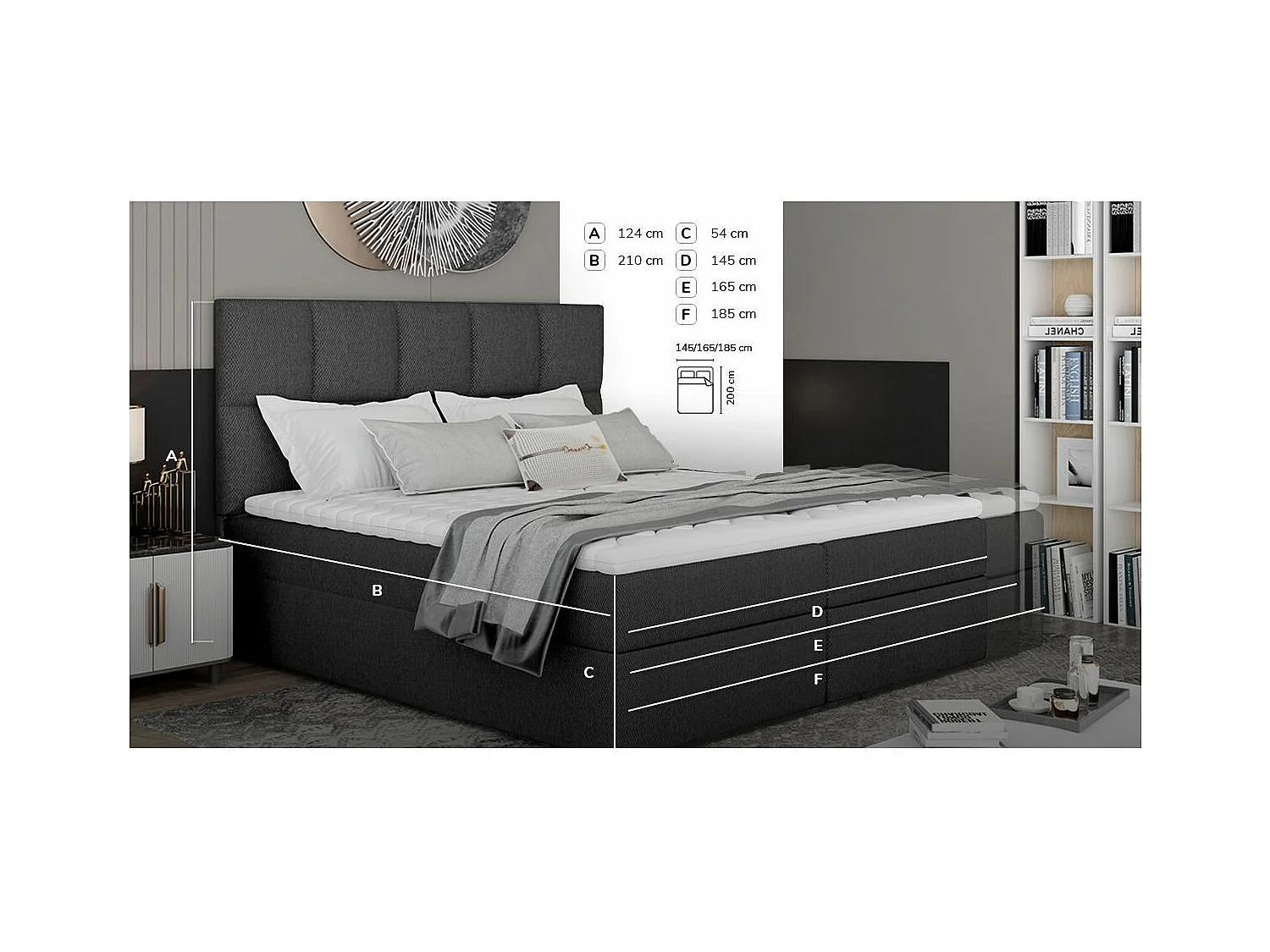 Lit boxspring tissu gris foncé avec matelas et surmatelas Lizen-Couchage 160x200 cm