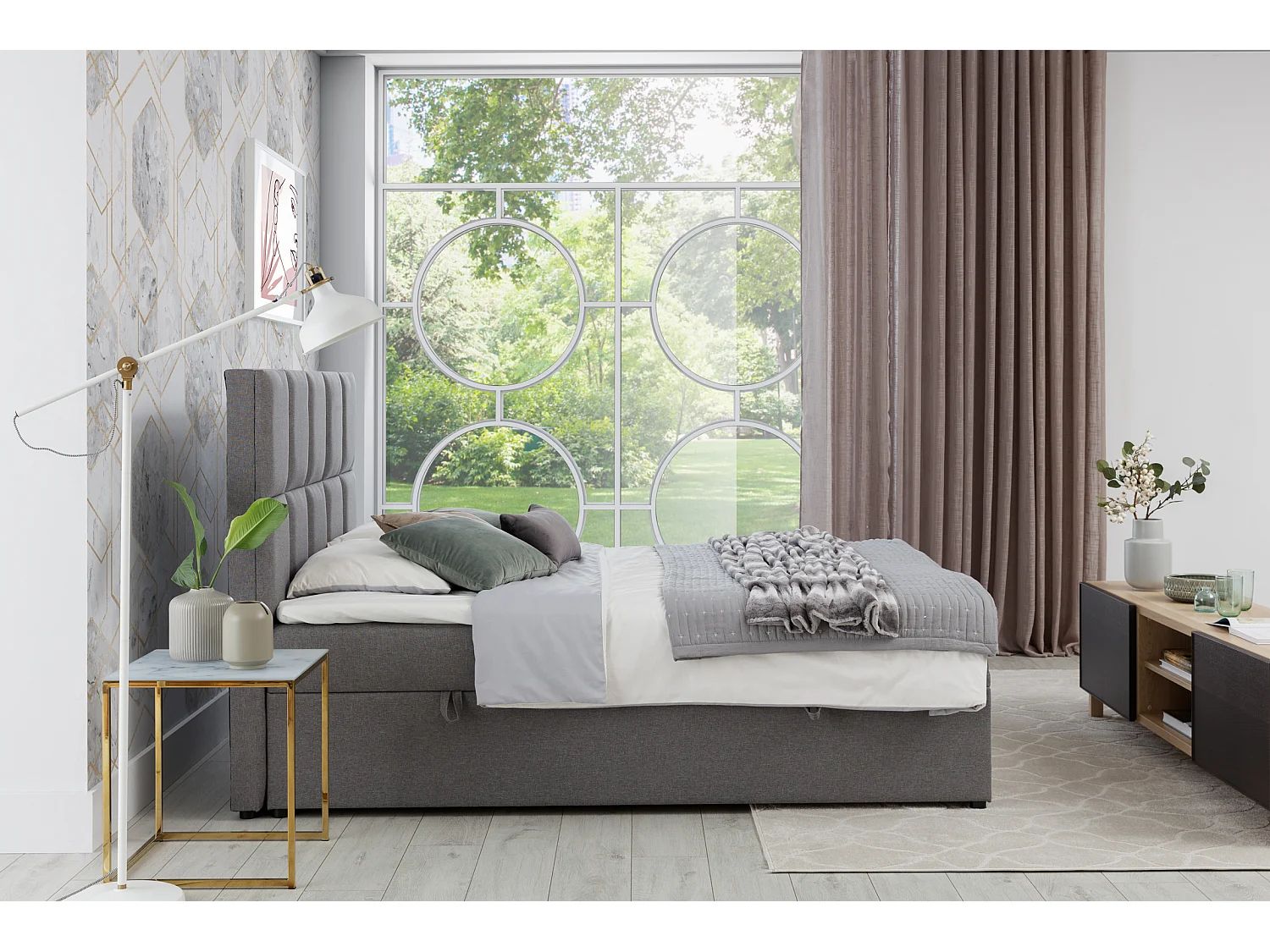 Lit boxspring tissu gris foncé avec matelas et surmatelas Lizen-Couchage 160x200 cm