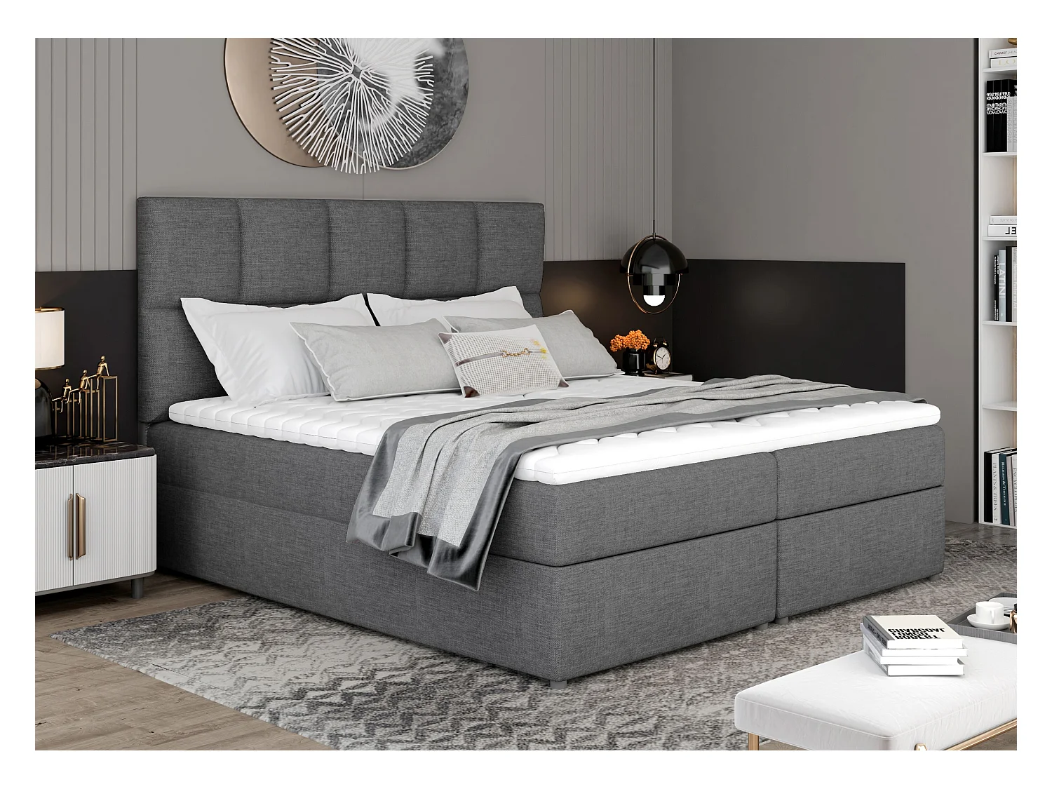 Lit boxspring tissu gris foncé avec matelas et surmatelas Lizen-Couchage 160x200 cm