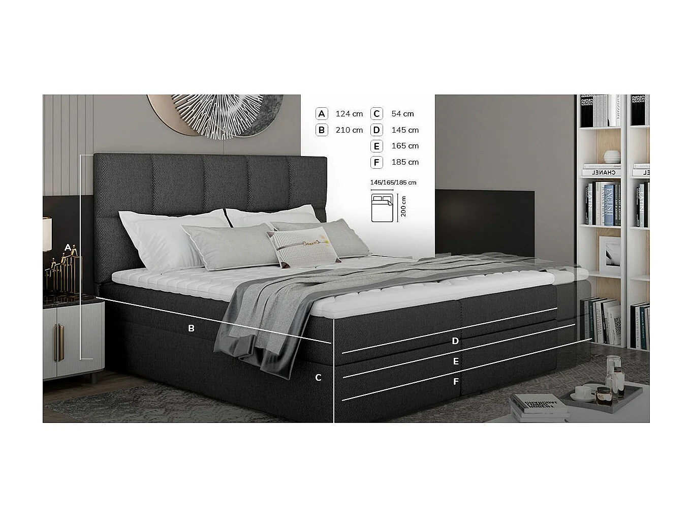 Lit boxspring tissu gris foncé avec matelas et surmatelas Lizen-Couchage 160x200 cm
