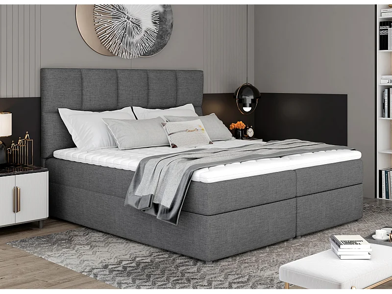 Lit boxspring tissu gris foncé avec matelas et surmatelas Lizen-Couchage 160x200 cm
