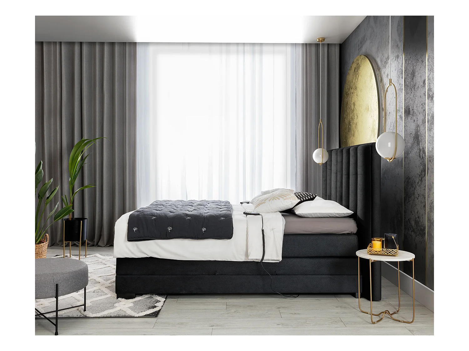 Lit boxspring électrique tissu anthracite avec matelas et surmatelas Arkos-90x200