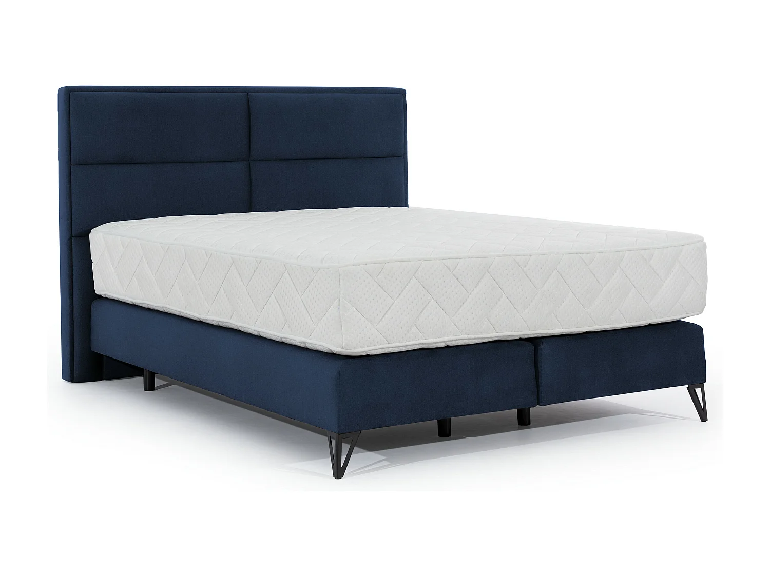 Lit continental velours bleu nuit Tiempo avec matelas 30cm en latex et pied métal noir-180x200