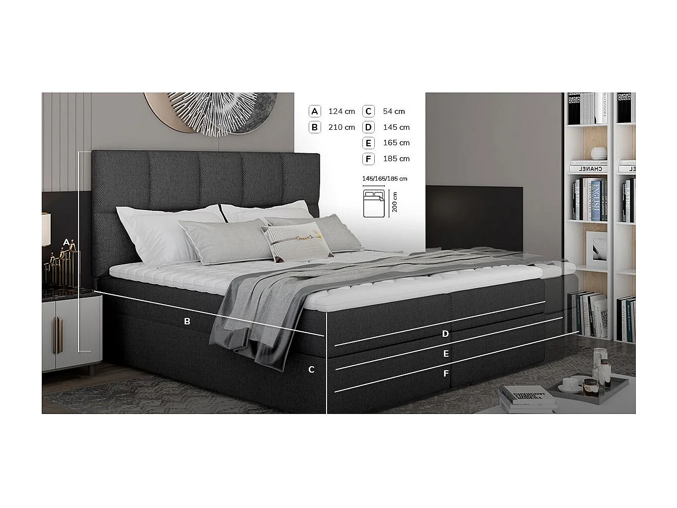 Lit boxspring tissu gris foncé avec matelas et surmatelas Lizen-Couchage 180x200 cm