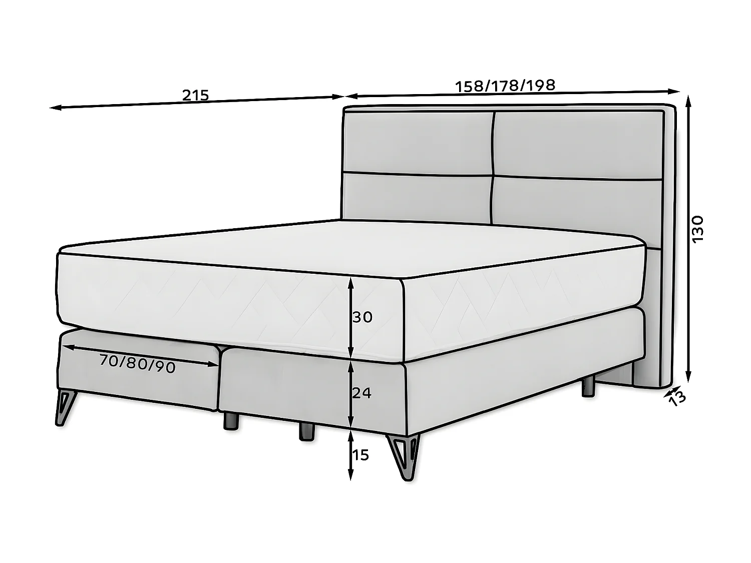 Lit continental velours marron Tiempo avec matelas 30cm en latex et pied métal noir-140x200