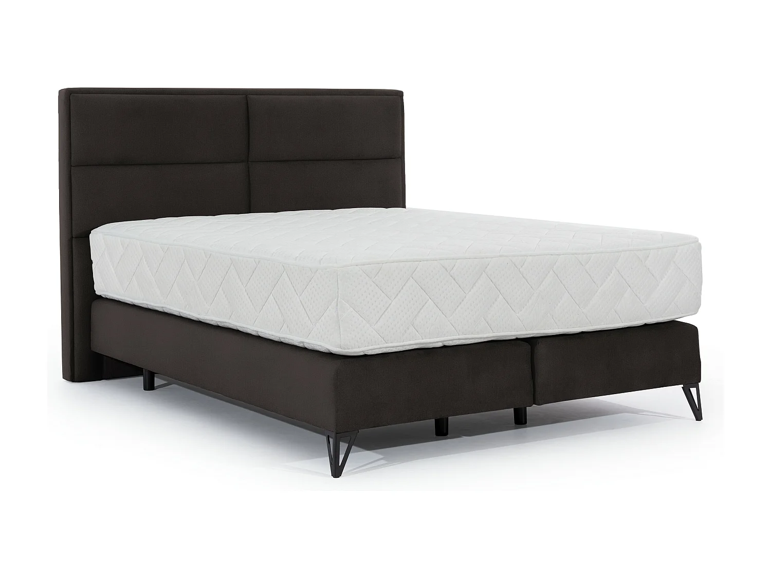 Lit continental velours marron Tiempo avec matelas 30cm en latex et pied métal noir-140x200